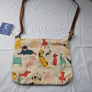 NWT Small Cotton and Leather Sling Bag with Whimsical Multicolor Dog Print